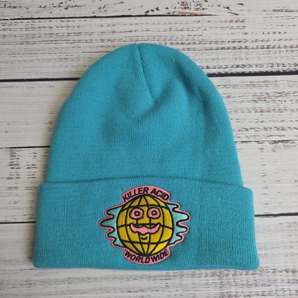 Killer Acid Other - Killer‎ Acid Worldwide Acrylic Beanie Hat Teal Embroidered Pink Yellow One Size